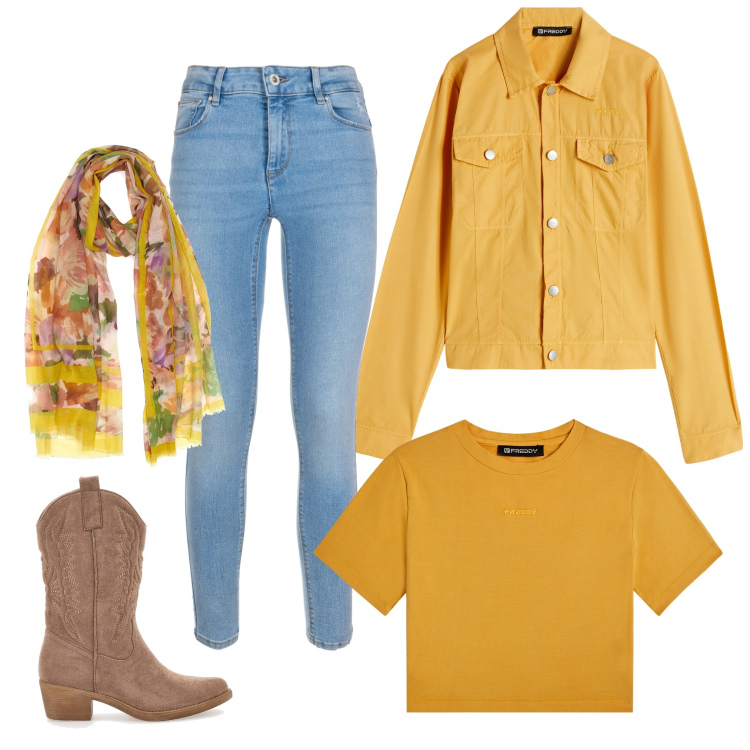 Outfit donna - Autunno. Stile Casual chic per Tutti i giorni. Abbinamento con jeans skinny, blazer, t-shirt, sciarpe, stivaletti texani.