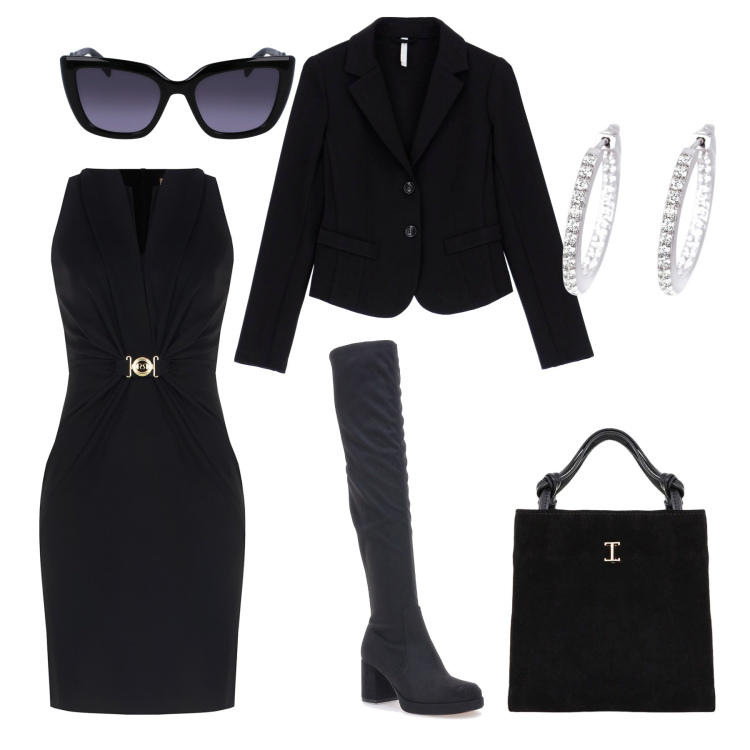 Outfit donna - Total black. Stile Chic per Serata fuori. Abbinamento con orecchini, vestiti a tubino, blazer, shopping bag, stivali, occhiali da sole.