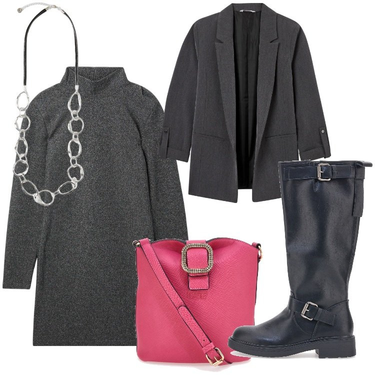Outfit donna - Stivali, grigio e fucsia. Stile Casual chic per Ufficio. Abbinamento con vestiti corti, blazer, stivali, borse a tracolla, collane.