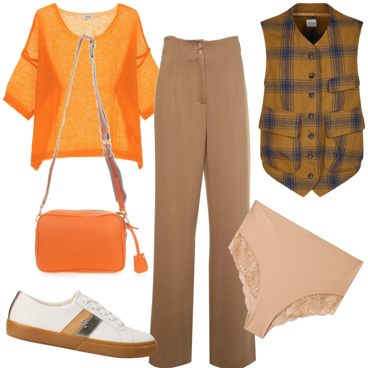 Outfit donna - Total look. Stile Sporty chic per Tutti i giorni. Abbinamento con culotte, borse a tracolla, pullovers, sneakers, gilet, jeans a zampa.