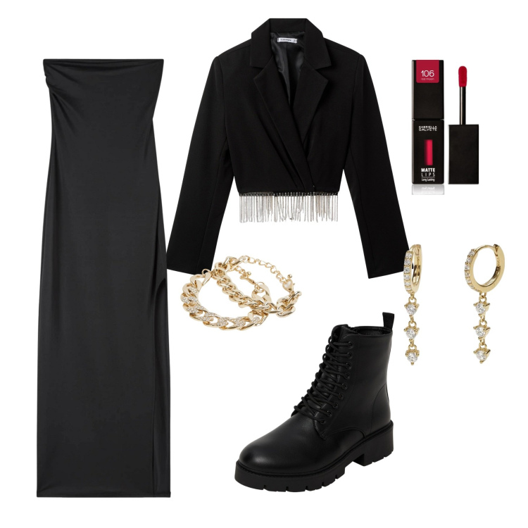 Outfit donna - Vampirina. Stile Casual chic per Serata fuori. Abbinamento con rossetti, vestiti lunghi, blazer, anfibi, braccialetti, orecchini.