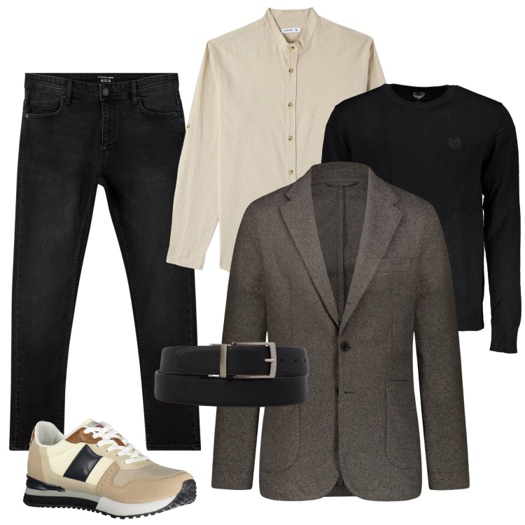 Outfit uomo - Total look #15783829. Stile Casual per Ufficio. Abbinamento con camicie, jeans skinny, maglieria, giacche, cinture, sneakers.