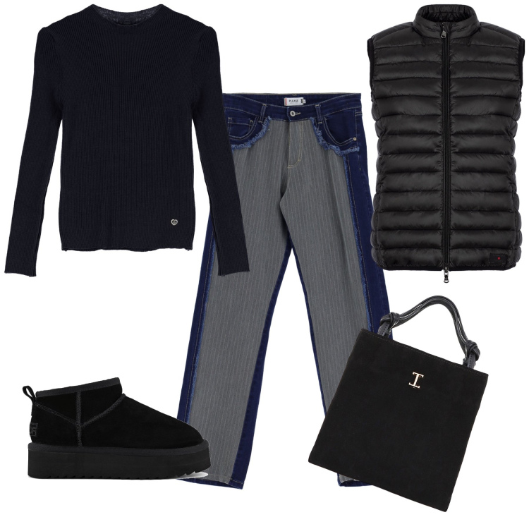 Outfit donna - Con gli ugg Total look. Stile Urban per Tutti i giorni. Abbinamento con jeans, pullovers, shopping bag, piumini, stivaletti.