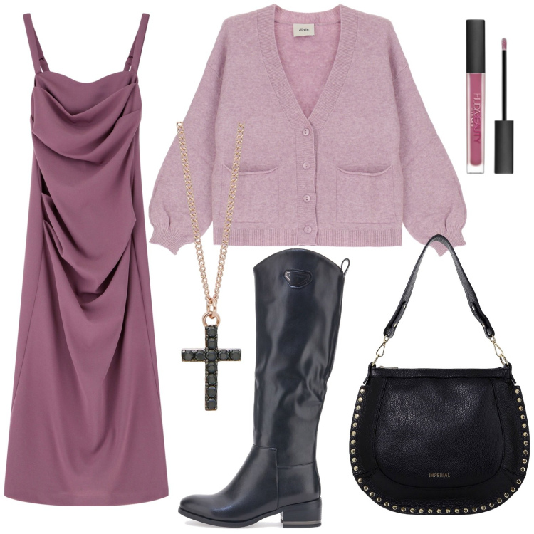 Outfit donna - Abito midi e stivali. Stile Casual per Serata fuori. Abbinamento con rossetti, collane, vestiti midi/longuette, borse a spalla, cardigans, stivali.