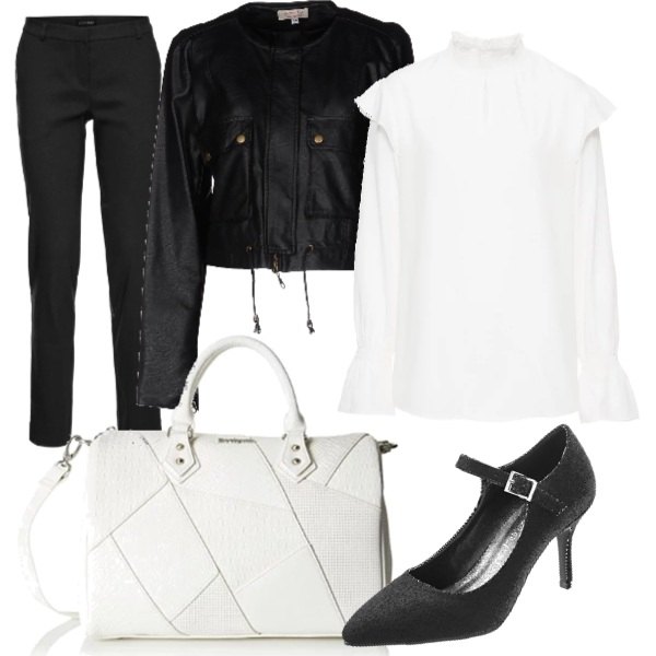 Outfit donna - Basic con grinta. Stile Trendy per Tutti i giorni. Abbinamento con pantaloni, blusa bianco, décolleté pumps con cinturino nero, giubbotto collo tondo a maniche lunghe con zip interno foderato in pelle sintetica tinta unita, borsa a mano bianco.