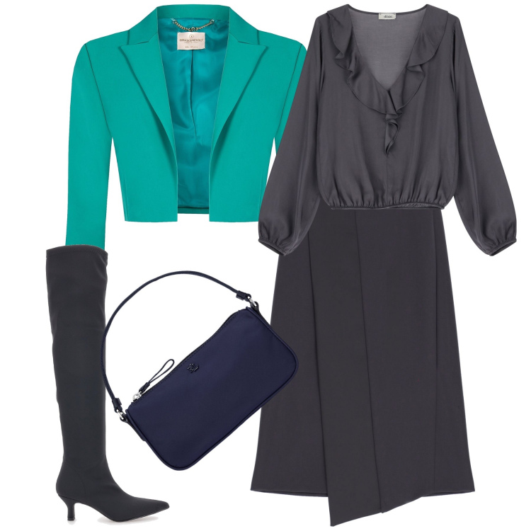 Outfit donna - Pronta per cena fuori. Stile Glamour per Serata fuori. Abbinamento con bolero, gonne longuette, bluse, pochette, stivali.