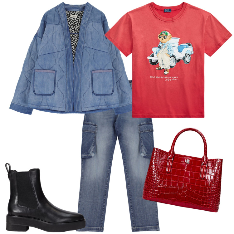 Outfit donna - I bikers e la borsa da lady. Stile Trendy per Tutti i giorni. Abbinamento con jeans, blazer, stivaletti chelsea, borse a mano, t-shirt.