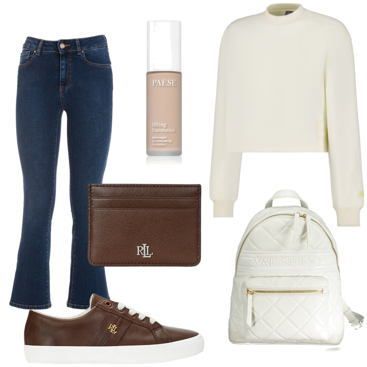 Outfit donna - BasiC. Stile Basic per Tutti i giorni. Abbinamento con fondotinta, felpe, jeans, sneakers, portafogli, zaini.
