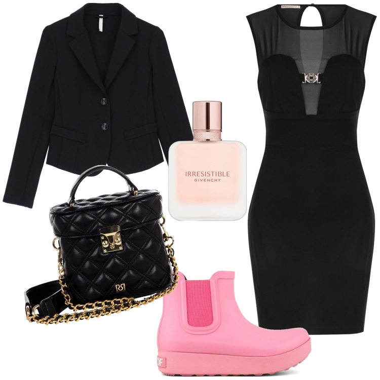 Outfit donna - Sexy spiritosa irresistibile. Stile Glamour per Serata fuori. Abbinamento con profumi, vestiti a tubino, borse a mano, blazer, stivali.