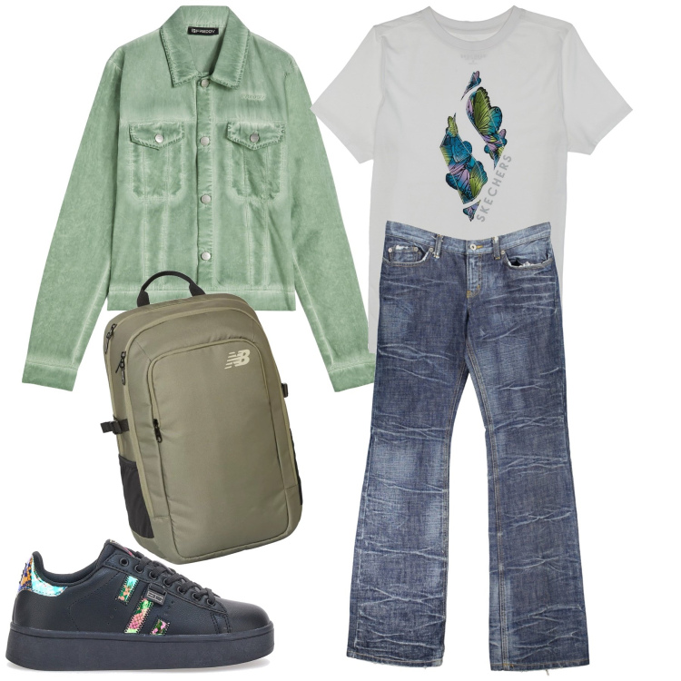 Outfit donna - In viaggio. Stile Casual chic per Tutti i giorni. Abbinamento con zaini, blazer, t-shirt, jeans dritti, sneakers.