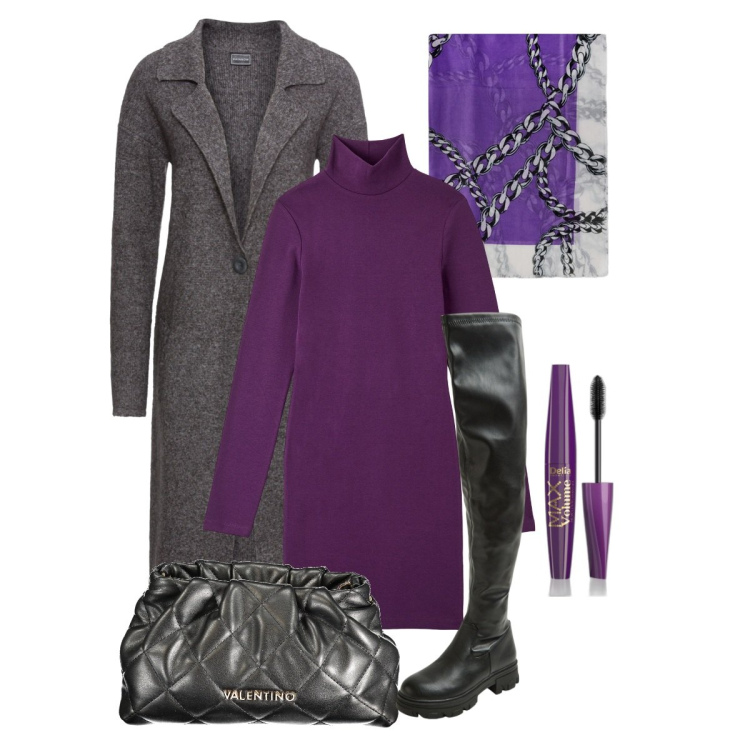 Outfit donna - Purple Fall. Stile Trendy per Tutti i giorni. Abbinamento con cappotti, mascara, vestiti midi/longuette, stivali, borse a spalla, sciarpe.