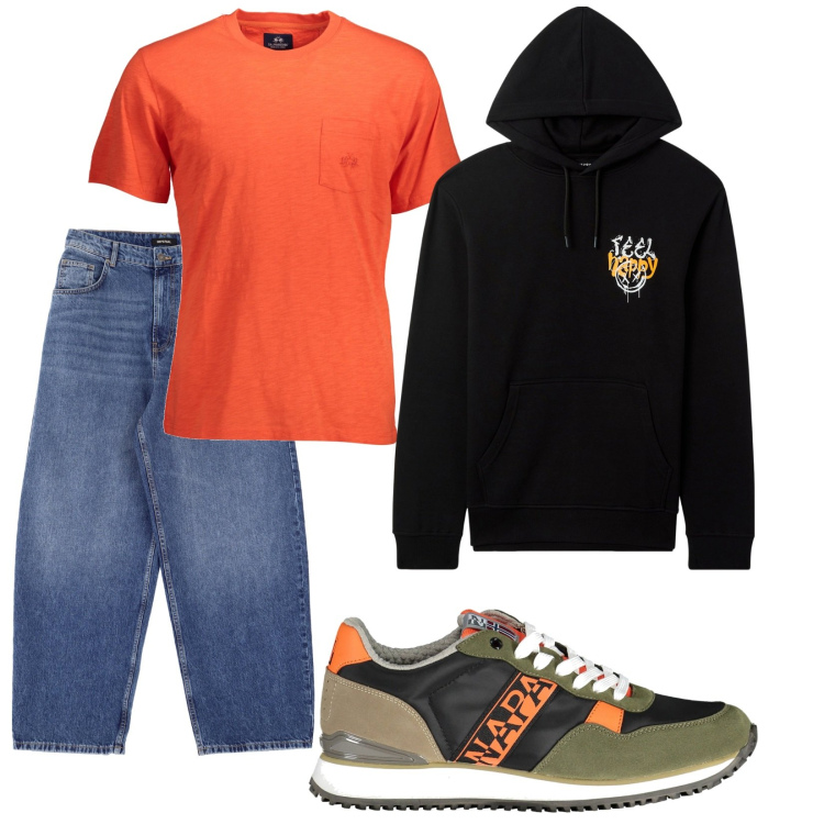 Outfit uomo - Total look #1982474. Stile Urban per Tutti i giorni. Abbinamento con felpe con cappuccio, jeans, sneakers, t-shirt.