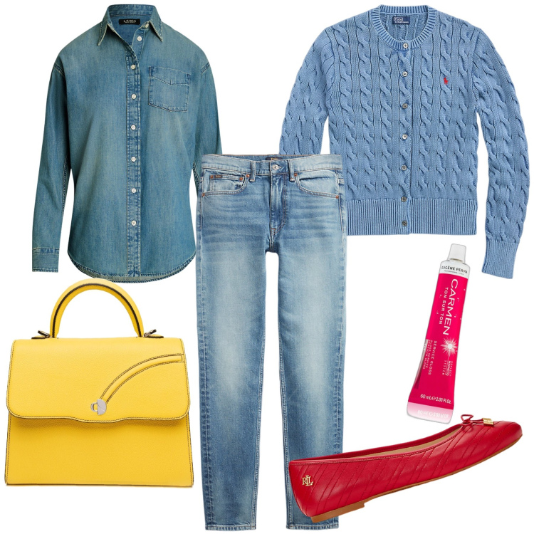 Outfit donna - Colore sul jeans. Stile Casual chic per Tutti i giorni. Abbinamento con gloss, jeans skinny, cardigans, camicie, ballerine, borse a mano.