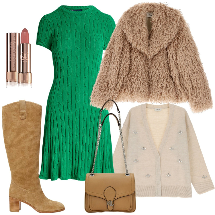 Outfit donna - Combinazione vestito e stivali. Stile Basic per Ufficio. Abbinamento con rossetti, cardigans, cappotti, borse a spalla, vestiti, stivali.