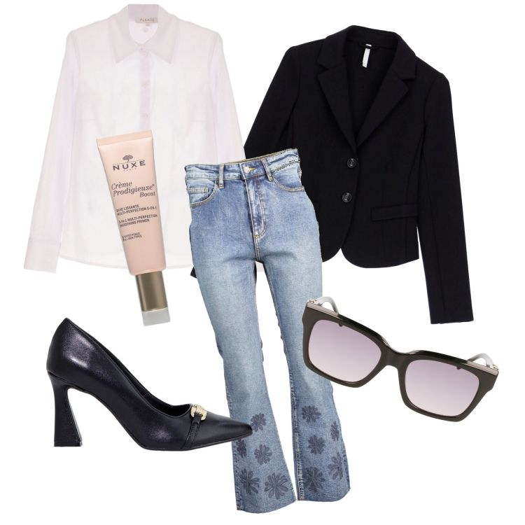 Outfit donna - Total look #1982479. Stile Casual chic per Tutti i giorni. Abbinamento con primer, camicie, blazer, stivaletti, jeans, occhiali da sole.