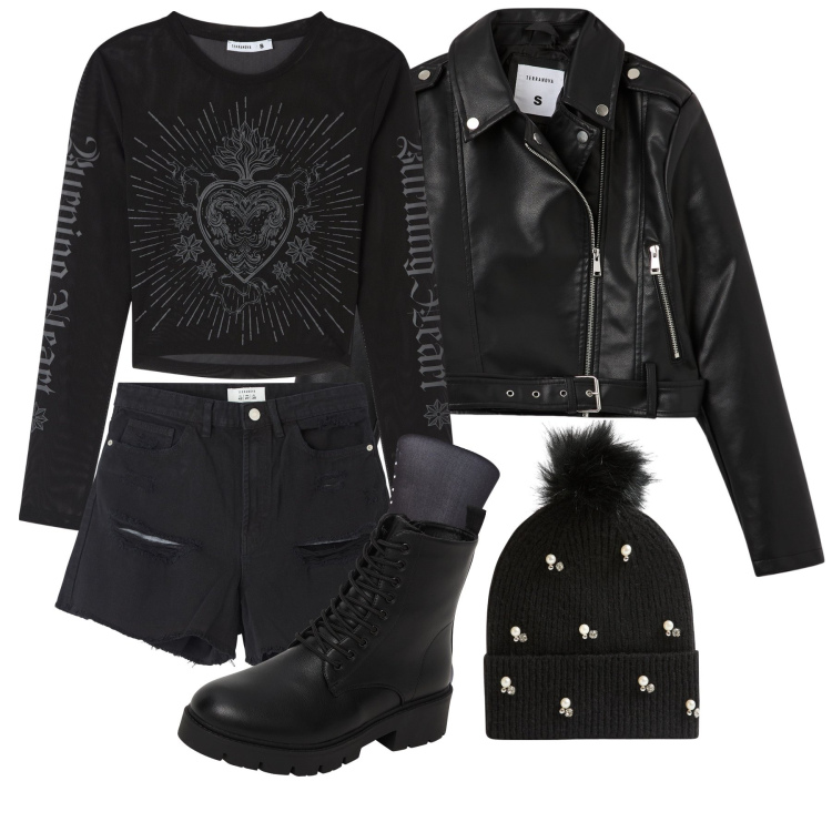 Outfit donna - Dolcetto o scherzetto?. Stile Casual per Serata fuori. Abbinamento con t-shirt, shorts, anfibi, giacche, berretti, collant.