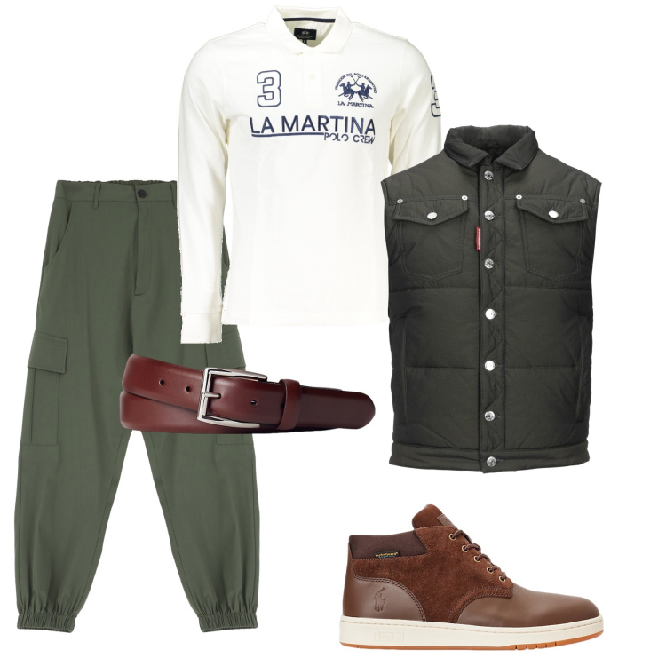 Outfit uomo - Vestire trendy. Stile Trendy per Tutti i giorni. Abbinamento con piumini, pantaloni cargo, cinture, stivali, polo.