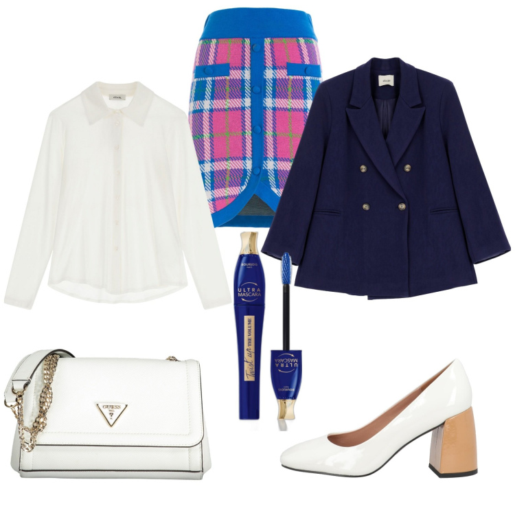 Outfit donna - In ufficio in autunno. Stile Trendy per Ufficio. Abbinamento con décolleté, mascara, gonne, camicie, blazer, borse a spalla.