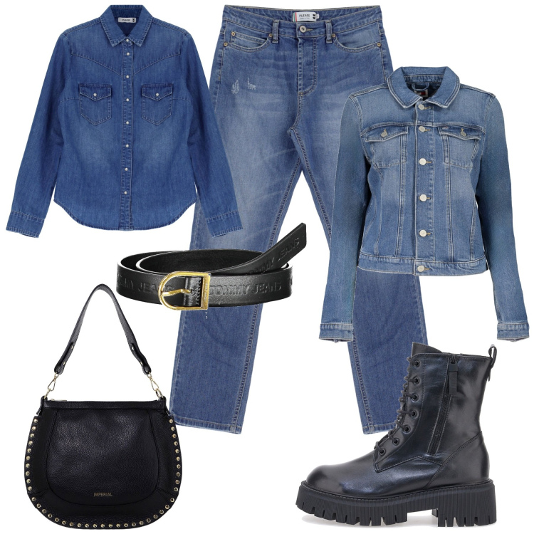 Outfit donna - Denim su denim. Stile Basic per Tutti i giorni. Abbinamento con jeans dritti, camicie, borse a spalla, anfibi, blazer, cinture.