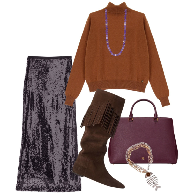 Outfit donna - Stivali addicted, boho style. Stile Boho per Serata fuori. Abbinamento con collane, gonne lunghe, maglieria, borse a mano, stivali, ciondoli.