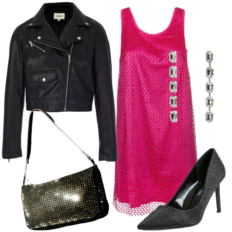 Outfit donna - Serata scintillante. Stile Chic per Serata fuori. Abbinamento con orecchini, décolleté, borse a spalla, vestiti senza maniche, blazer.