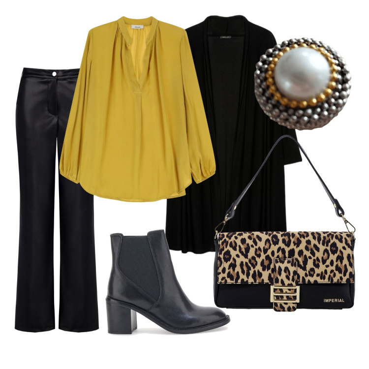 Outfit donna - Pelle ocra. Stile Casual chic per Ufficio. Abbinamento con pantaloni, borse a spalla, camicie, stivaletti, cardigans, anelli.