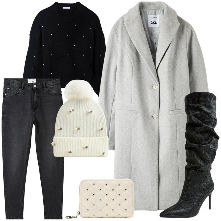 Outfit donna - Glamour e paillettes. Stile Urban per Serata fuori. Abbinamento con berretti, cappotti, maglieria, stivali, jeans skinny, portafogli.