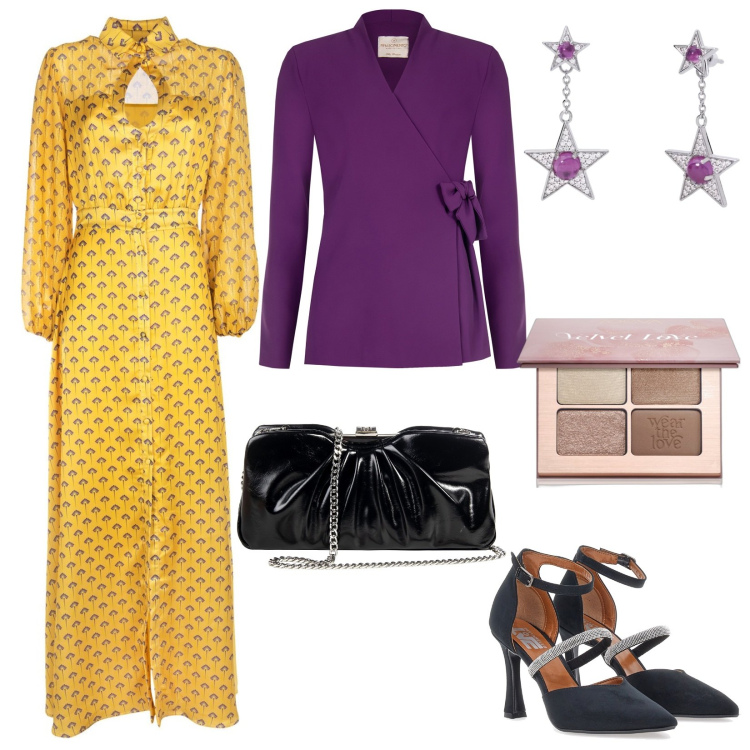Outfit donna - Cerimonia autunnale. Stile Glamour per Cerimonia. Abbinamento con ombretti, orecchini, blazer, pochette, vestiti lunghi, décolleté.