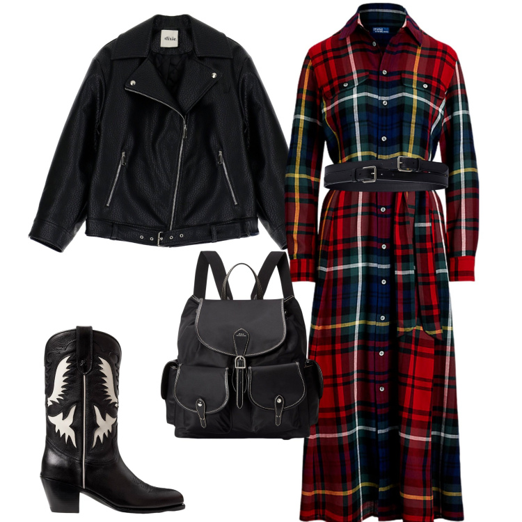 Outfit donna - Vestito e stivali. Stile Sporty chic per Serata fuori. Abbinamento con blazer, stivali, vestiti, cinture, zaini.