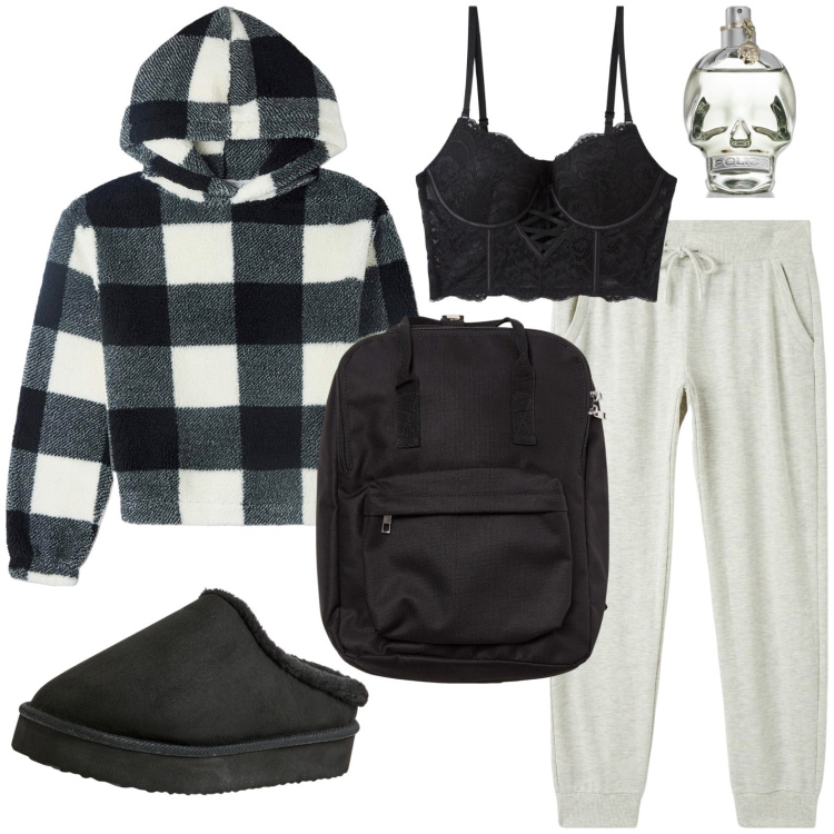 Outfit donna - Perfetta con i quadri. Stile Casual per Tutti i giorni. Abbinamento con profumi, sabot, felpe con cappuccio, pantaloni, reggiseni push-up, zaini.
