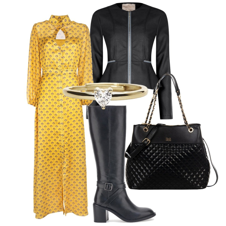 Outfit donna - Ocra per l\'autunno. Stile Casual chic per Tutti i giorni. Abbinamento con anelli, blazer, shopping bag, vestiti lunghi, stivali.