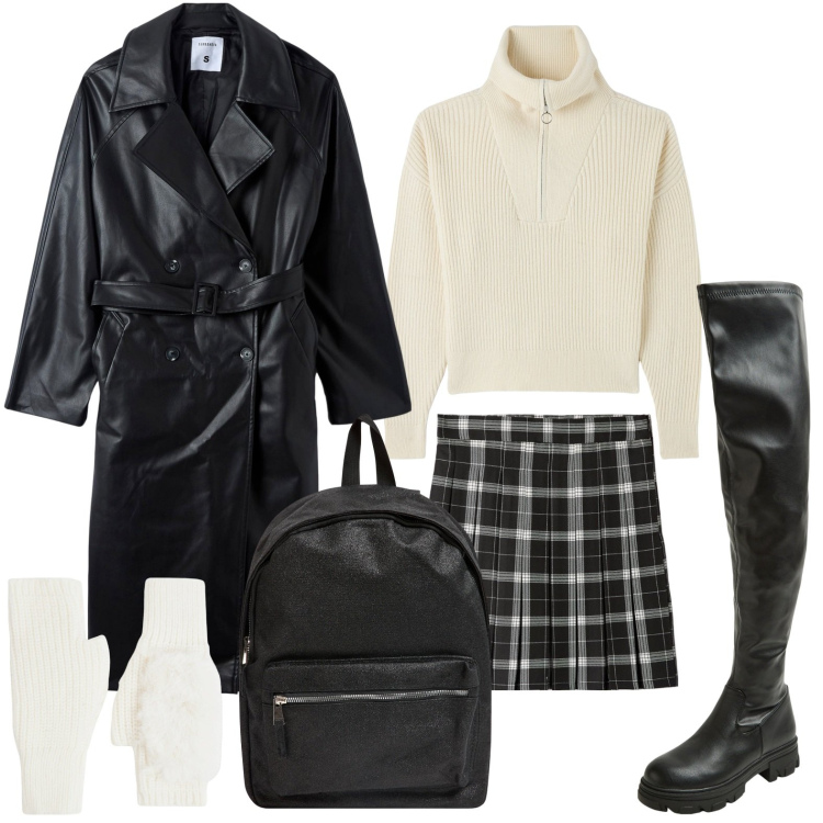 Outfit donna - Casual con i quadri. Stile Glamour per Scuola/Università. Abbinamento con zaini, maglieria, stivali, minigonne, trench, guanti.