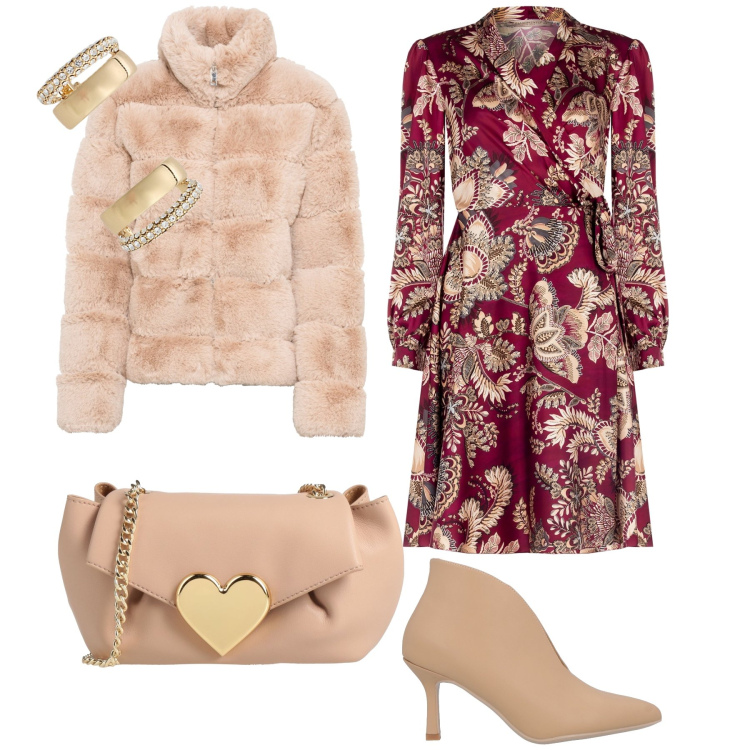 Outfit donna - Total look #1982567. Stile Glamour per Cerimonia. Abbinamento con ecopellicce, borse a tracolla, stivaletti, vestiti, orecchini.