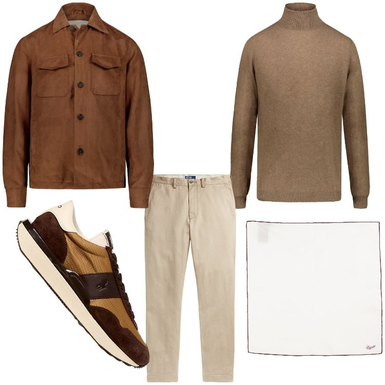 Outfit uomo - Marrone d´autunno. Stile Casual per Tutti i giorni. Abbinamento con sciarpe, pantaloni chino, sneakers, maglieria, giacche.