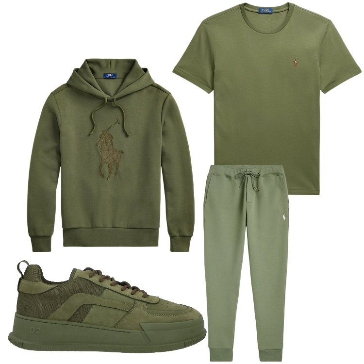 Outfit uomo - Sportivo in verde. Stile Casual per Tutti i giorni. Abbinamento con sneakers, t-shirt, pantaloni, felpe con cappuccio.