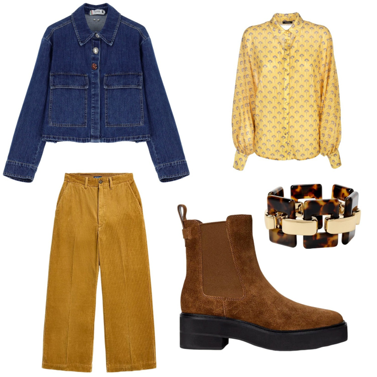 Outfit donna - Autunno ma non troppo. Stile Casual per Tutti i giorni. Abbinamento con camicie, braccialetti, pantaloni, stivaletti chelsea, blazer.