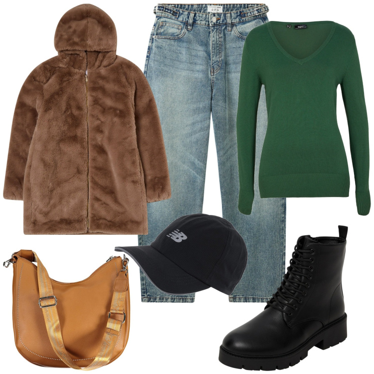 Outfit donna - Trendy in città. Stile Trendy per Tutti i giorni. Abbinamento con maglieria, ecopellicce, jeans, anfibi, cappelli, borse a spalla.