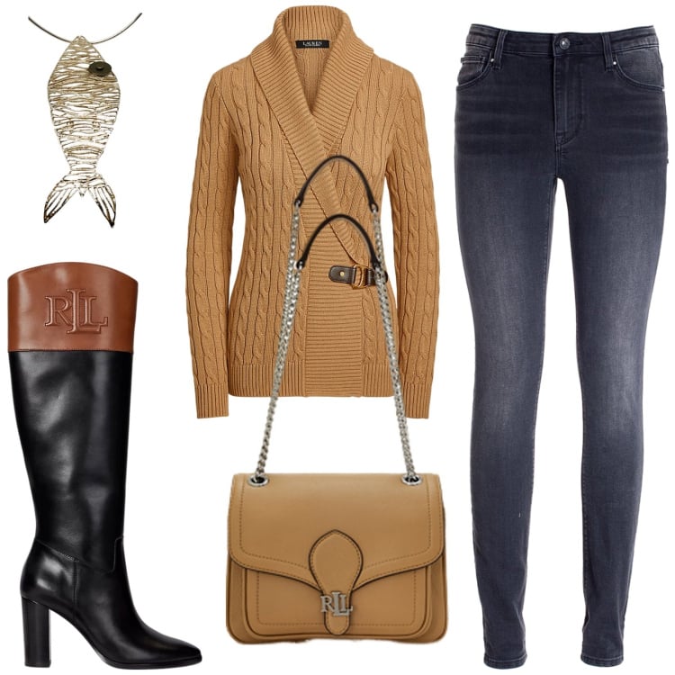 Outfit donna - Total look #1982591. Stile Casual per Tutti i giorni. Abbinamento con jeans skinny, maglieria, borse a spalla, stivali, collane.