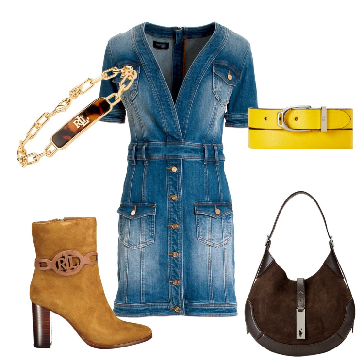 Outfit donna - I love jeans. Stile Basic per Tutti i giorni. Abbinamento con vestiti, borse a spalla, braccialetti, braccialetti, stivali.