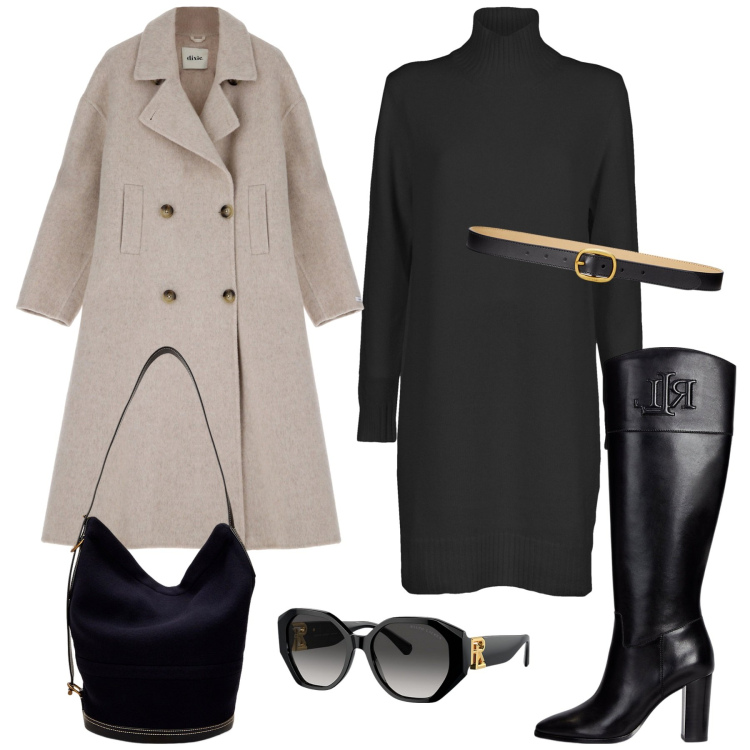 Outfit donna - Vestito e stivali. Stile Chic per Ufficio. Abbinamento con cappotti, occhiali da sole, stivali, cinture, borse a mano, vestiti.