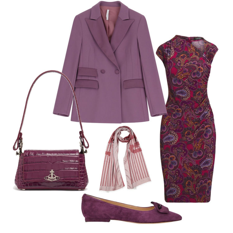 Outfit donna - Violet. Stile Casual per Serata fuori. Abbinamento con sciarpe, blazer, vestiti asimmetrici, ballerine, borse a spalla.