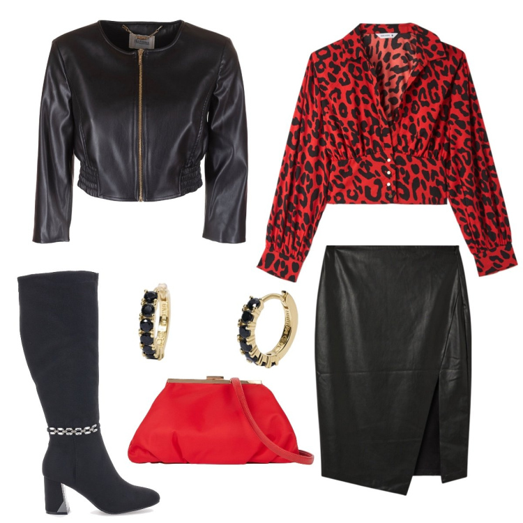Outfit donna - Total look #1982615. Stile Rock per Serata fuori. Abbinamento con orecchini, bluse, gonne longuette, blazer, stivali, pochette.