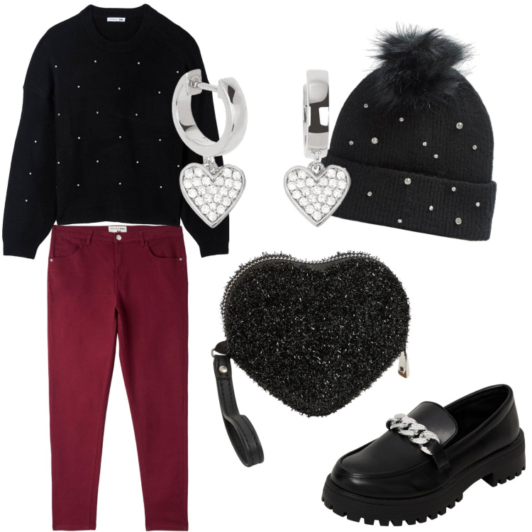 Outfit donna - Sparkling accessories. Stile Glamour per Tutti i giorni. Abbinamento con orecchini, mocassini, portafogli, maglieria, pantaloni, berretti.
