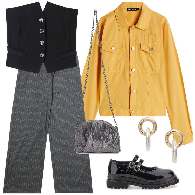 Outfit donna - Vivace autunno. Stile Mannish per Scuola/Università. Abbinamento con top, pantaloni, blazer, orecchini, mocassini, borse a tracolla.