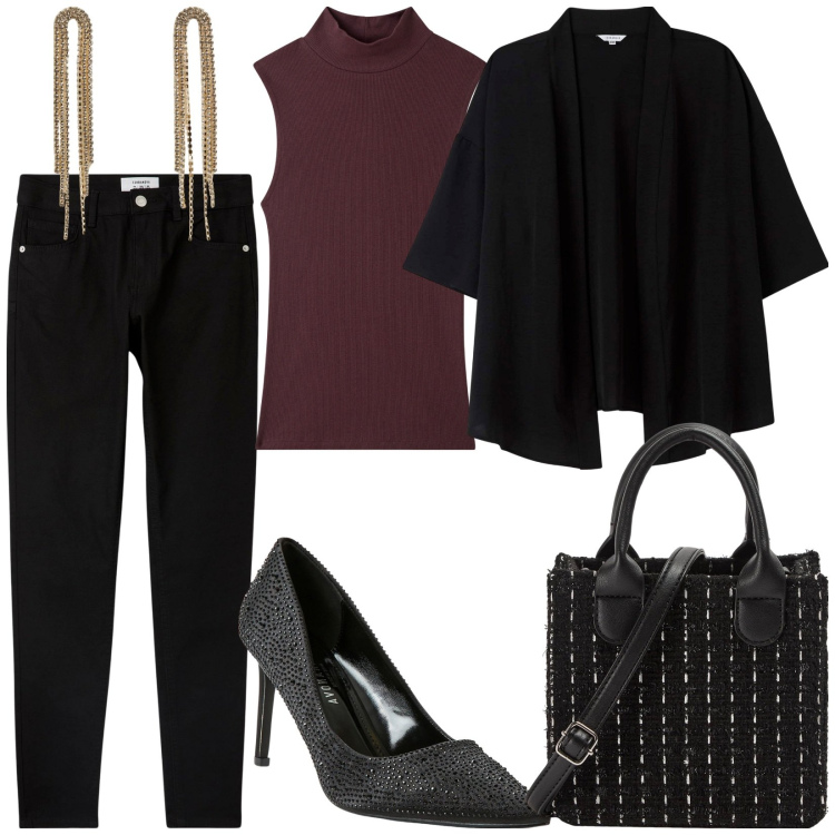 Outfit donna - Total look #1982627. Stile Chic per Serata fuori. Abbinamento con pantaloni skinny, top, kimono, orecchini, shopping bag, décolleté.