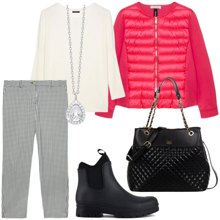 Outfit donna - Quadri forever. Stile Bon Ton per Ufficio. Abbinamento con collane, shopping bag, stivali, maglieria, piumini, pantaloni skinny.