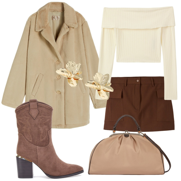 Outfit donna - Total look #1982631. Stile Casual per Tutti i giorni. Abbinamento con gonne, maglieria, cappotti, orecchini, stivaletti, borse a spalla.