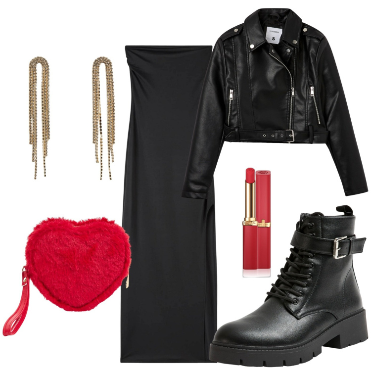 Outfit donna - Vampira chic. Stile Rock per Serata fuori. Abbinamento con rossetti, orecchini, portafogli, vestiti lunghi, giacche, anfibi.