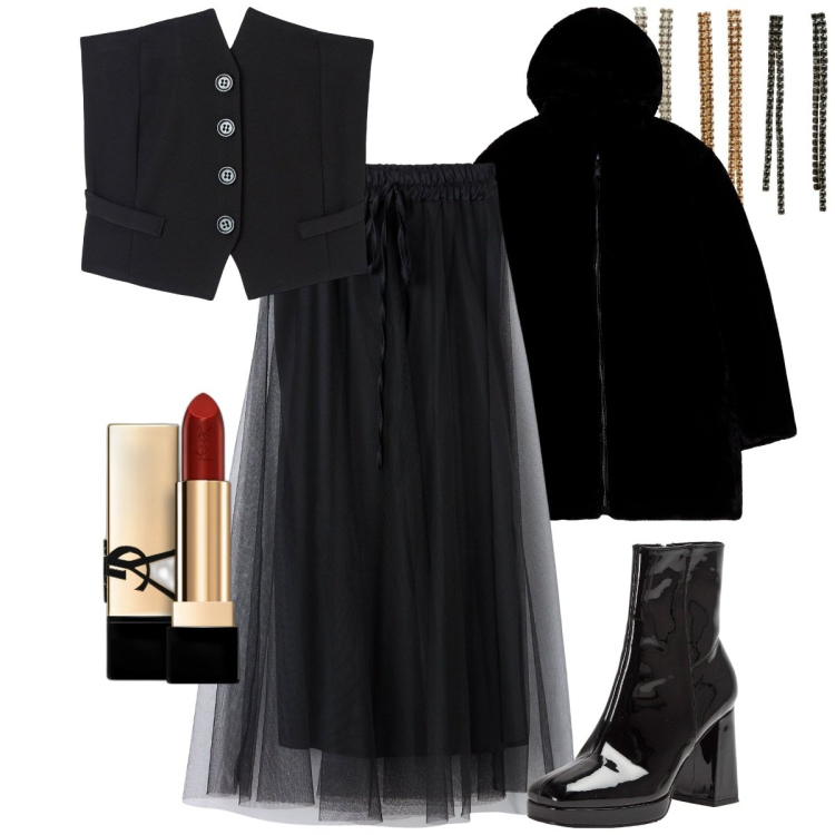 Outfit donna - Streghetta per Halloween. Stile Glamour per Serata fuori. Abbinamento con rossetti, gonne lunghe, ecopellicce, top, stivaletti, orecchini.