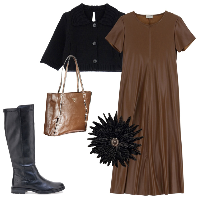 Outfit donna - Vestito e stivali. Stile Casual chic per Serata fuori. Abbinamento con cardigans, vestiti, stivali sopra il ginocchio, anelli, borse a spalla.